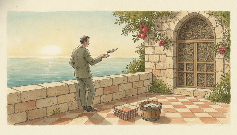 A man on a seawall holding a trowel out toward the sea, with a stack of tiles and a bucket of grout beside him