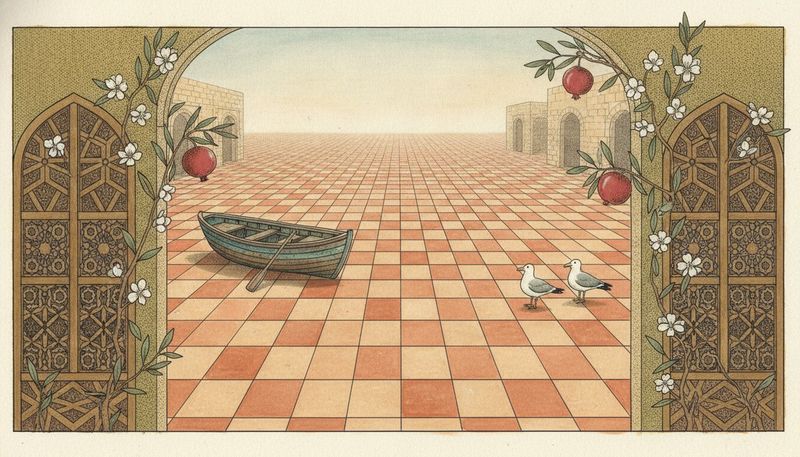 A sea paved edge to edge with floor tiles, a fishing boat stranded on top and two gulls standing on the tiles