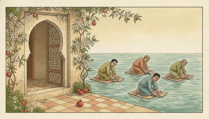 Four grumpy people kneeling on small tiled patches out at sea, each laying one more tile