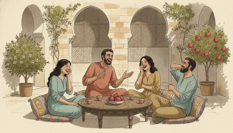 Four friends on floor cushions around a low courtyard table, all laughing at the man in the middle telling a story