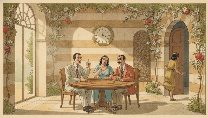 A man at a café table raising a finger mid-joke while the woman beside him yawns and another woman slips out the door