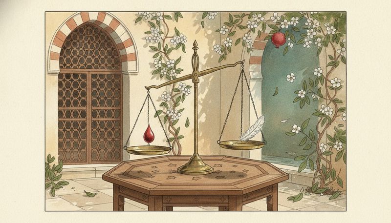 A brass balance scale on a courtyard table, a drop of blood in one pan and a white feather in the other