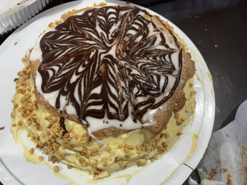 The finished feathered chocolate-and-white pattern on top