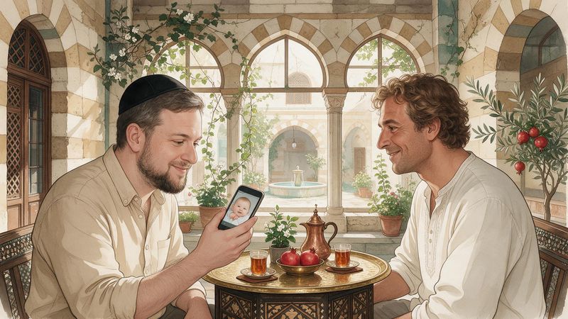 Jacob at a café table proudly showing a friend a baby photo on his phone, the friend smiling politely
