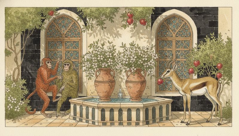 Two scruffy monkeys in a courtyard on one side of a fountain, and a graceful gazelle on the other