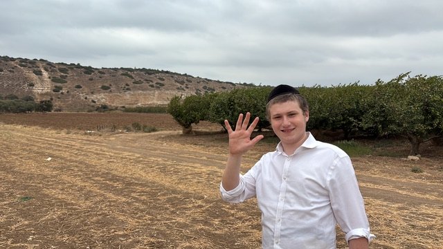 My son waving in a field in the Elah Valley (Wadi al-Sant)