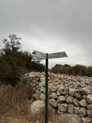 A trail signpost beside a dry-stone wall
