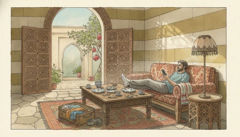 A houseguest sprawled on the sofa with his feet up, phone in hand, plates and teacups piled on the coffee table and an open suitcase spilling onto the rug